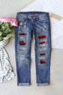 Womens Buffalo Plaid Jeans Distressed Long Pants