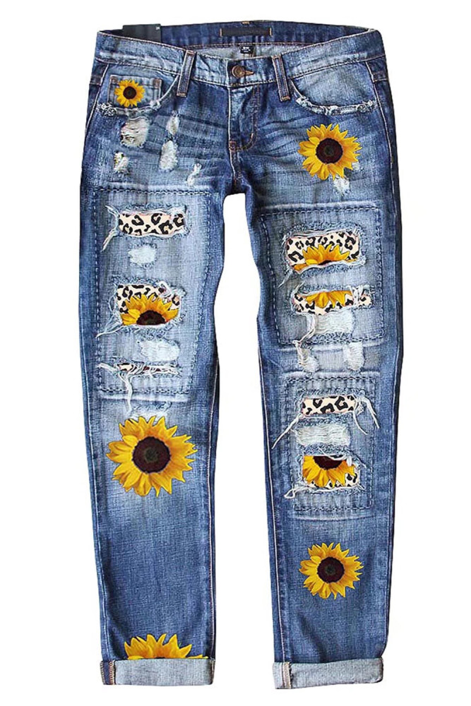 Sunflower Print Jeans for Women Ripped Denim Pants