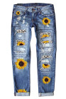 Sunflower Print Jeans for Women Ripped Denim Pants