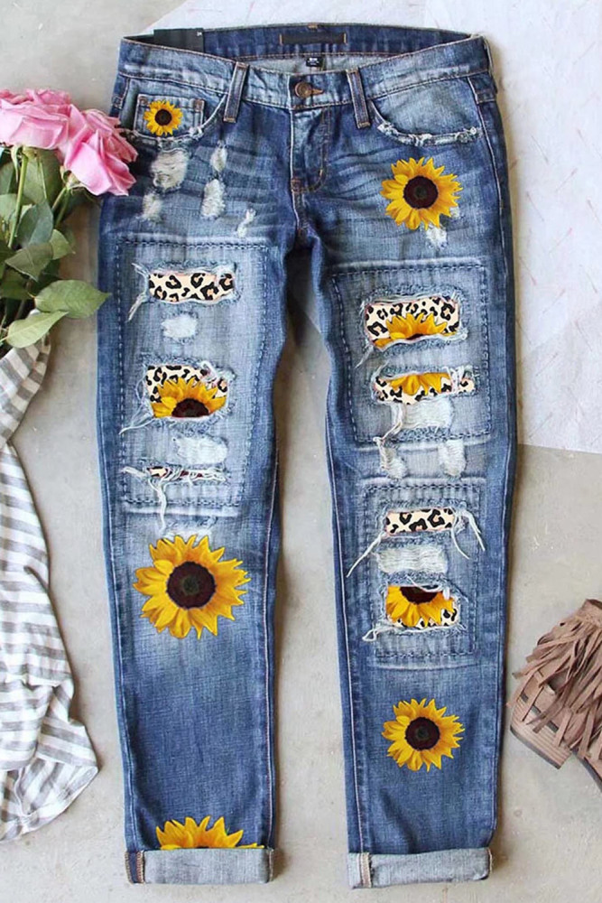 Sunflower Print Jeans for Women Ripped Denim Pants