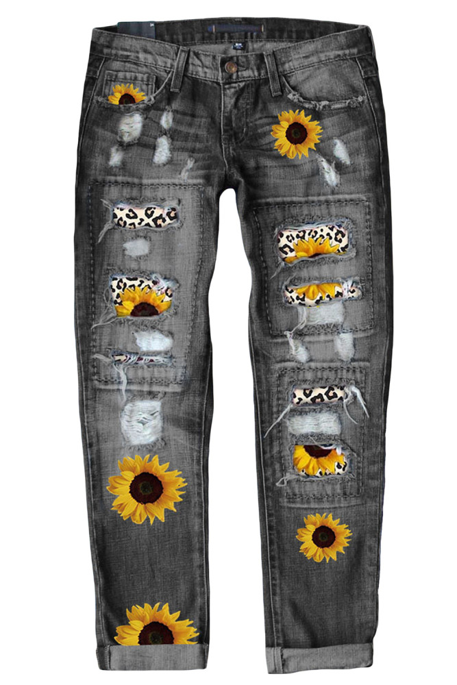 Sunflower Print Jeans for Women Ripped Denim Pants