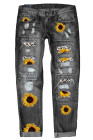 Sunflower Print Jeans for Women Ripped Denim Pants