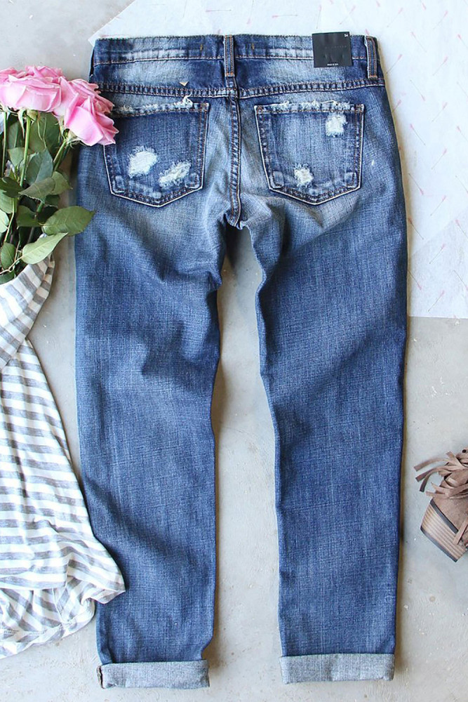 Sunflower Print Jeans for Women Ripped Denim Pants