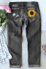 Sunflower Print Jeans for Women Ripped Denim Pants