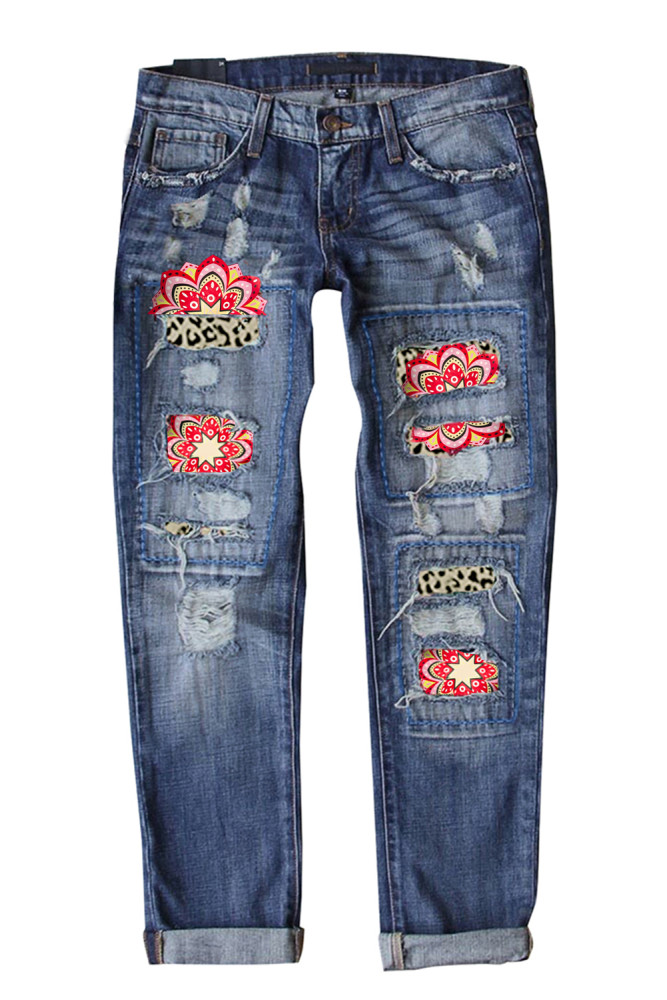 Womens Floral Mid Waist Distressed Jeans