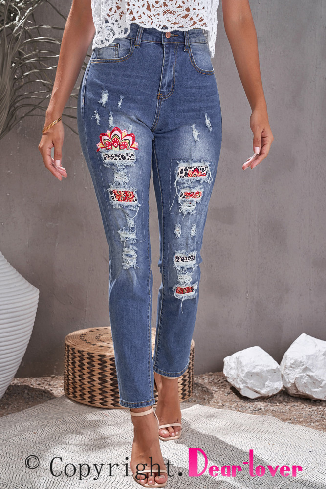 Womens Floral Mid Waist Distressed Jeans