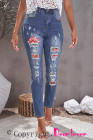 Womens Floral Mid Waist Distressed Jeans