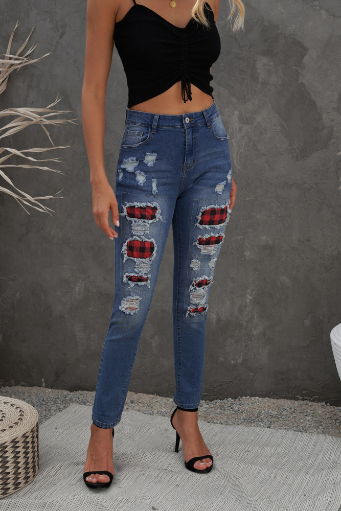 Womens Buffalo Plaid Jeans Distressed Long Pants