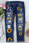 Sunflower Print Jeans for Women Ripped Denim Pants