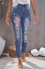 Womens Floral Mid Waist Distressed Jeans