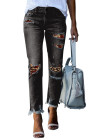 Women's Ripped Boyfriend Jeans Skull Print Jean Distressed Stretch Skinny Pants