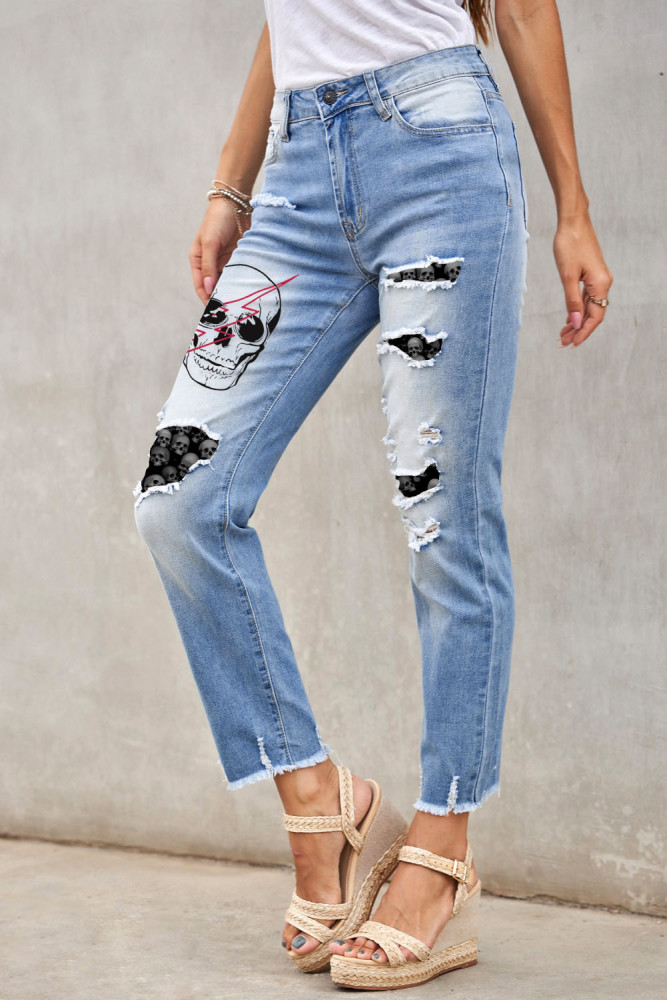 Women's Ripped Boyfriend Jeans Skull Print Jean Distressed Stretch Skinny Pants