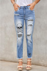 Women's Ripped Boyfriend Jeans Skull Print Jean Distressed Stretch Skinny Pants