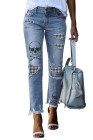 Women's Ripped Boyfriend Jeans Skull Print Jean Distressed Stretch Skinny Pants