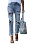 Women's Ripped Boyfriend Jeans Skull Print Jean Distressed Stretch Skinny Pants