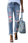 Women's Ripped Boyfriend Jeans Skull Print Jean Distressed Stretch Skinny Pants