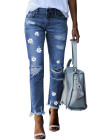 Women's Ripped Boyfriend Jeans Skull Print Jean Distressed Stretch Skinny Pants