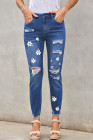 Women's Ripped Boyfriend Jeans Skull Print Jean Distressed Stretch Skinny Pants