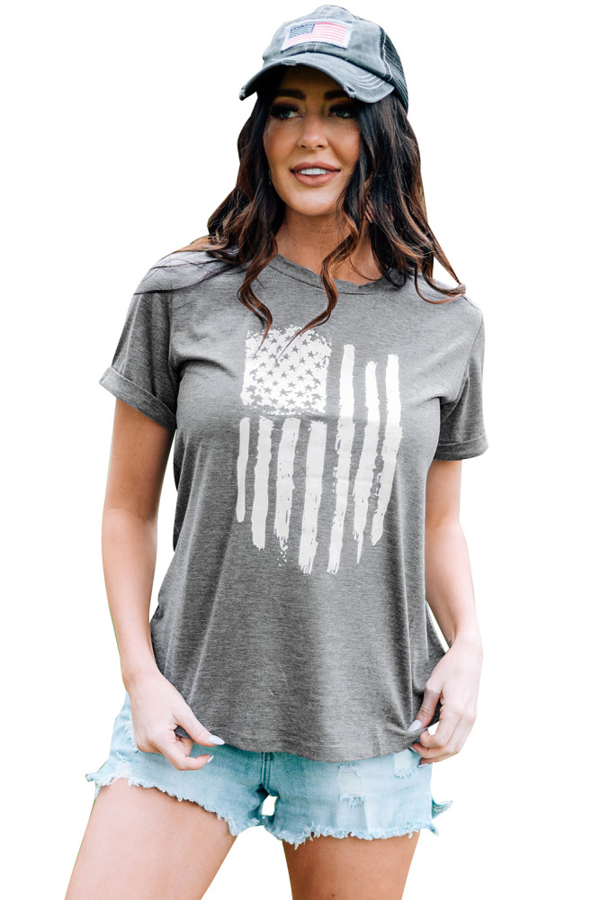 Womens America Flag Print Crewneck T-shirt Short Sleeve Tops
