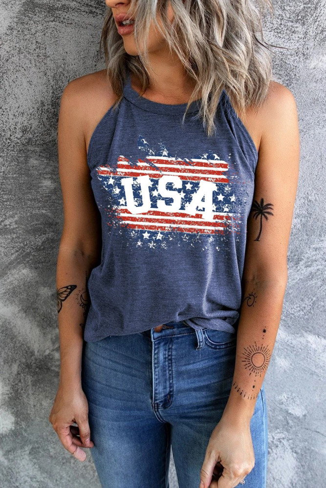 Summer Causal US Flag Print Graphic Sleeveless Tee Tank Tops