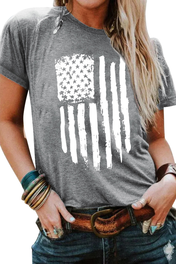 Womens America Flag Print Crewneck T-shirt Short Sleeve Tops