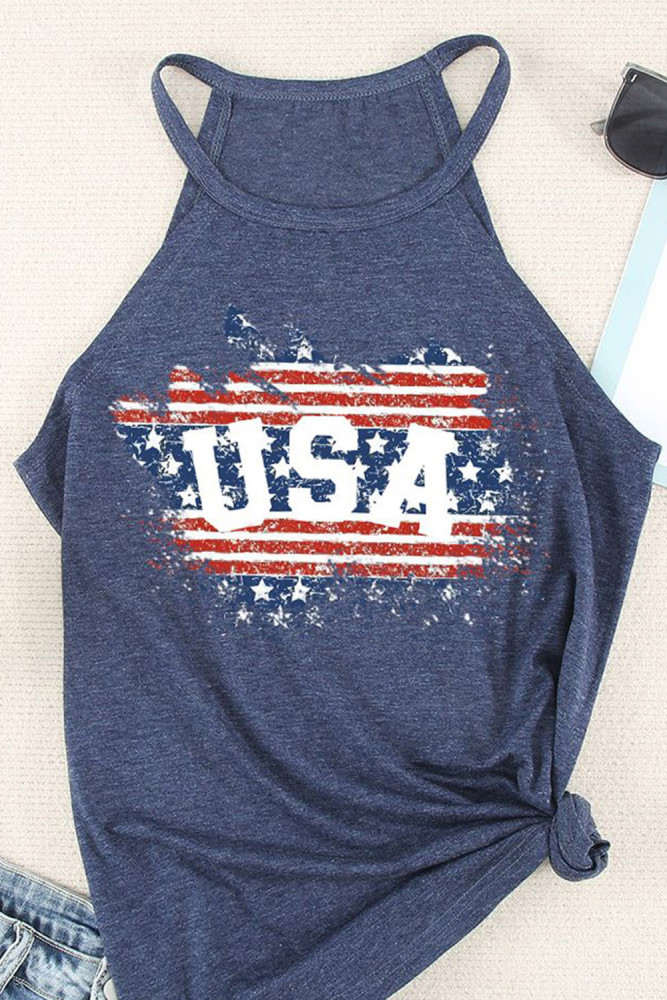 Summer Causal US Flag Print Graphic Sleeveless Tee Tank Tops