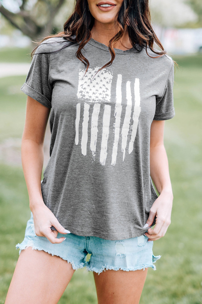 Womens America Flag Print Crewneck T-shirt Short Sleeve Tops