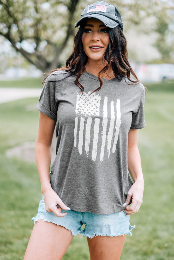 Womens America Flag Print Crewneck T-shirt Short Sleeve Tops