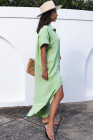 Crinkled Buttons Maxi Beach Dress with Slits Swimear Coverups