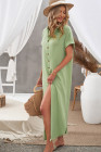 Crinkled Buttons Maxi Beach Dress with Slits Swimear Coverups