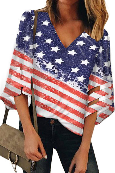 American Flag V Neck Blouse 4th of July Loose Tshirts