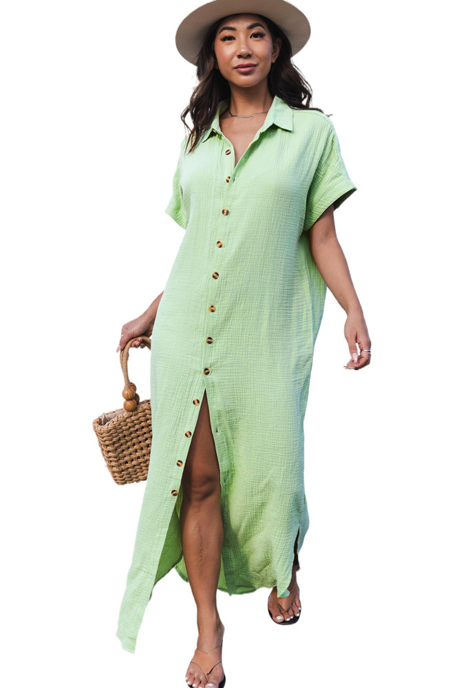 Crinkled Buttons Maxi Beach Dress with Slits Swimear Coverups