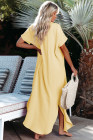 Crinkled Buttons Maxi Beach Dress with Slits Swimear Coverups