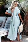 Crinkled Buttons Maxi Beach Dress with Slits Swimear Coverups