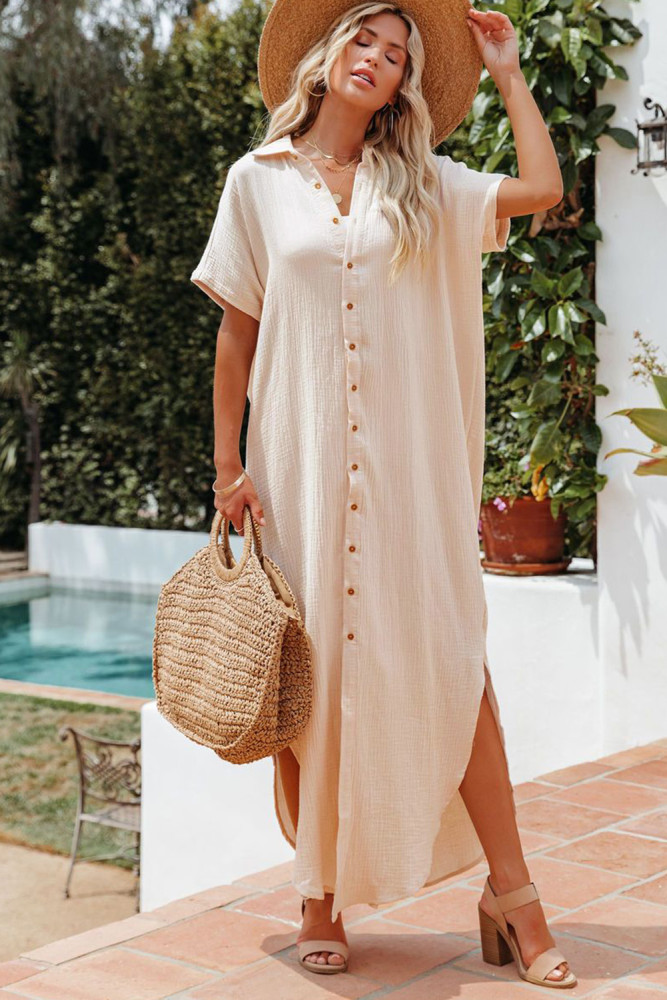 Crinkled Buttons Maxi Beach Dress with Slits Swimear Coverups