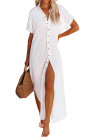 Crinkled Buttons Maxi Beach Dress with Slits Swimear Coverups