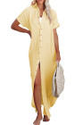 Crinkled Buttons Maxi Beach Dress with Slits Swimear Coverups