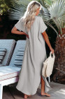 Crinkled Buttons Maxi Beach Dress with Slits Swimear Coverups