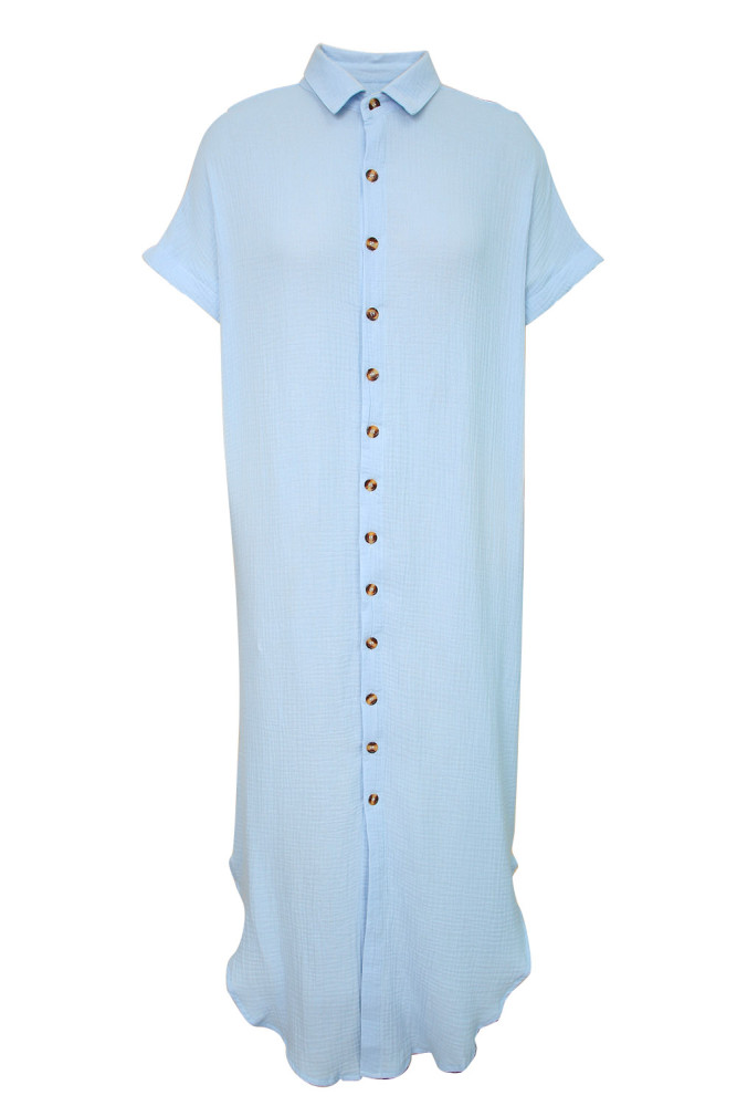 Crinkled Buttons Maxi Beach Dress with Slits Swimear Coverups