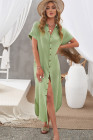 Crinkled Buttons Maxi Beach Dress with Slits Swimear Coverups