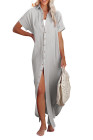 Crinkled Buttons Maxi Beach Dress with Slits Swimear Coverups