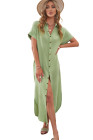 Crinkled Buttons Maxi Beach Dress with Slits Swimear Coverups