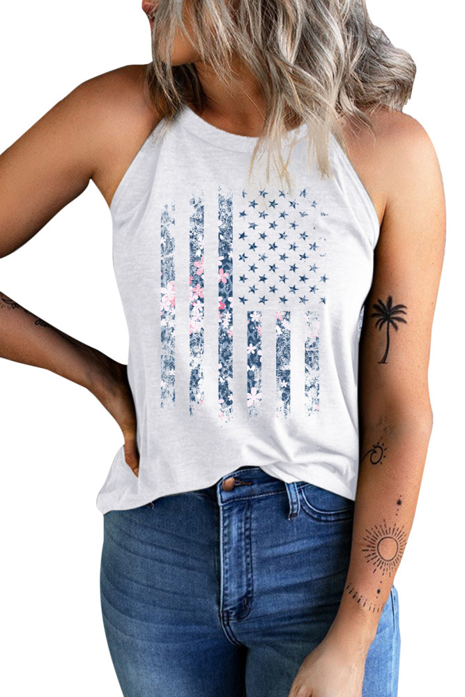 Floral American Flag Print Graphic Tank Top Patriotic Blouse T-Shirt Tops