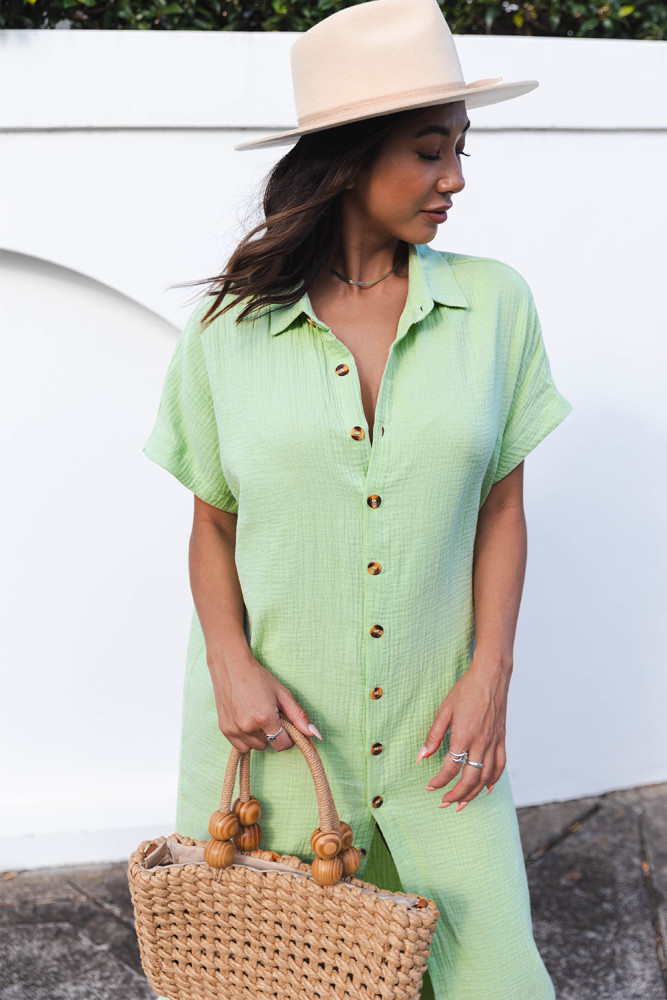 Crinkled Buttons Maxi Beach Dress with Slits Swimear Coverups