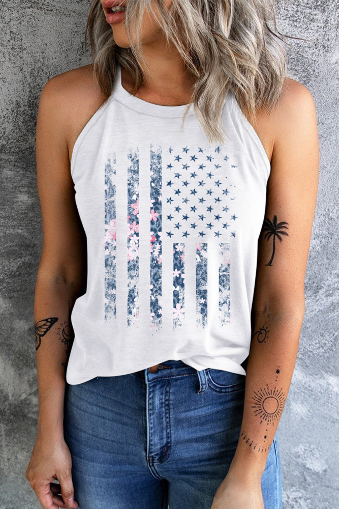Floral American Flag Print Graphic Tank Top Patriotic Blouse T-Shirt Tops
