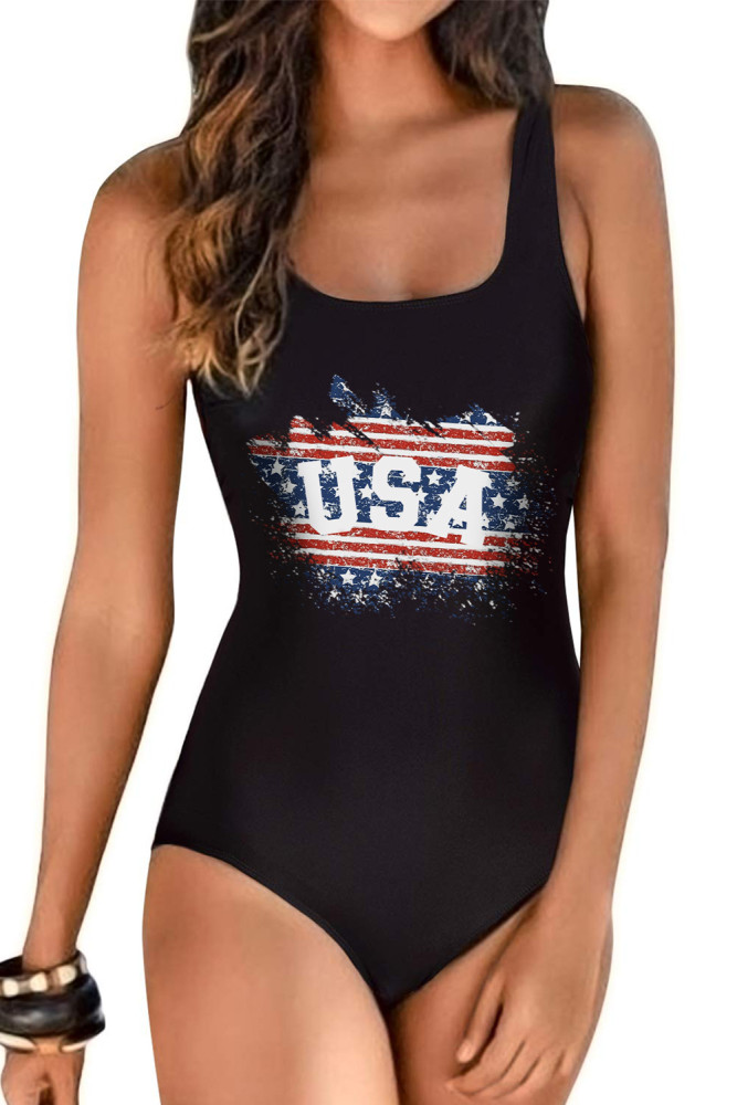 America Flag One Piece Swimsuit High Cut Bathing Suits Swimwear for Women