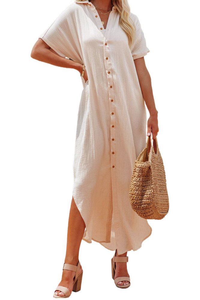 Crinkled Buttons Maxi Beach Dress with Slits Swimear Coverups