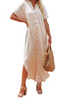Crinkled Buttons Maxi Beach Dress with Slits Swimear Coverups