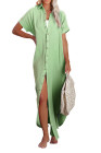 Crinkled Buttons Maxi Beach Dress with Slits Swimear Coverups