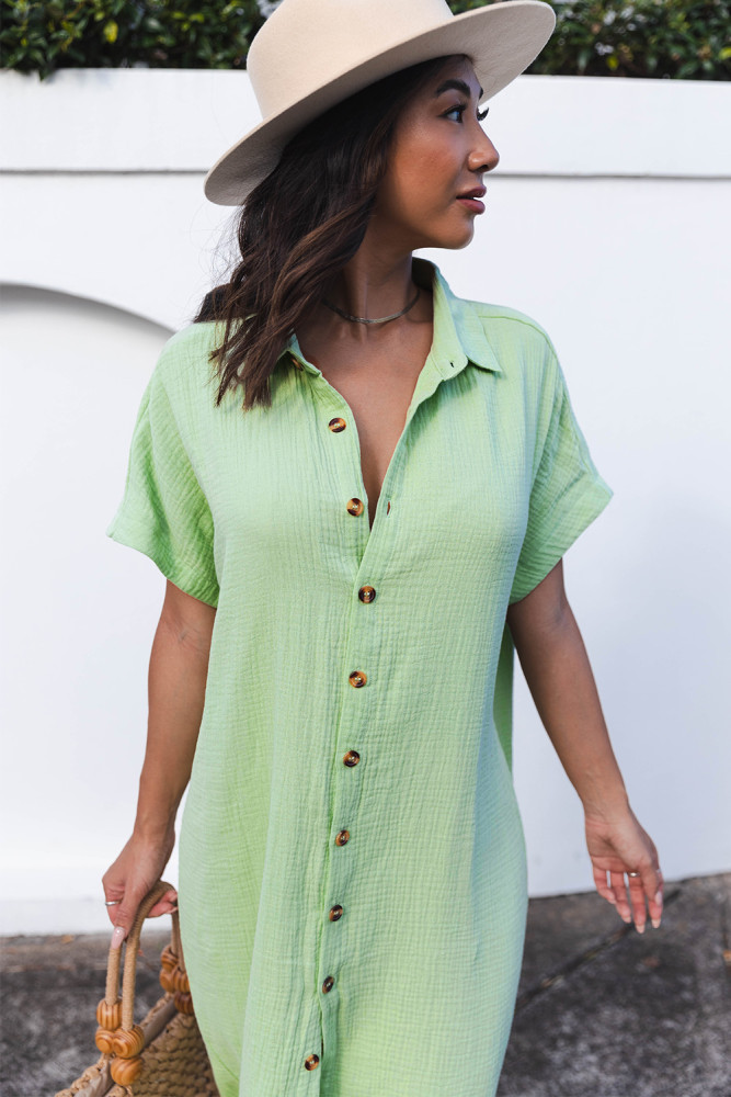 Crinkled Buttons Maxi Beach Dress with Slits Swimear Coverups